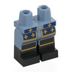 LEGO part 970c24pat03pr0001 Hips with Sand Blue Legs and Black Boots Pattern with Dark Blue Coat Ends, Gold Decorations, Trim print in Sand Blue