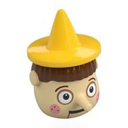 LEGO part upn9994pr0001 Head Special, Pinocchio with Yellow Hat, Reddish Brown Hair pattern, White Eyes, Pink Cheeks print in Brick Yellow/ Tan
