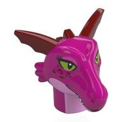 LEGO part upn9997pr0001 Head Special, Dragon with Dark Red Ears, Spikes pattern, Bright Pink Neck, Olive Green Eyes print in Light Purple/ Bright Pink