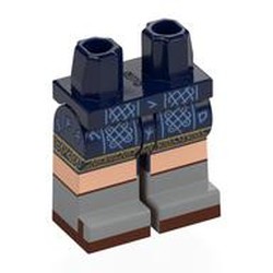 LEGO part 970c05pat14pr0002 Hips with Dark Blue Legs and Light Bluish Gray Boots Pattern with Sand Blue Runes, Gold Decorations, Light Nougat Knees, Dark Brown Sandals print in Earth Blue/ Dark Blue