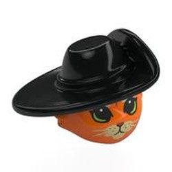 LEGO part 116663pr0002 Minifig Head Special, Cat with Black Hat, Large Eyes, Tan Nose, Black Whiskers print (Puss in Boots) in Bright Orange/ Orange