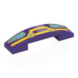 LEGO part 93273pr0031 Slope Curved 4 x 1 Double with No Studs with Car Front, Yellow Bull Catcher, Medium Azure Headlights print in Medium Lilac/ Dark Purple