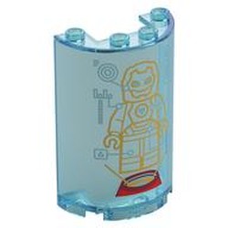 LEGO part 85941pr0006 Cylinder Half 2 x 4 x 5 with 1 x 2 cutout with Yellow Hologram/Blueprint of Iron-Man print in Transparent Light Blue/ Trans-Light Blue