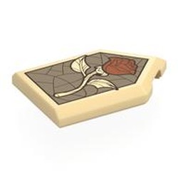 LEGO part 22385pr0163 Tile Special 2 x 3 Pentagonal with Stained Glass Window, Rose print in Brick Yellow/ Tan