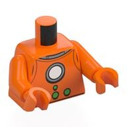 LEGO part 973c34h34pr0002 Torso, Retro Spacesuit, Silver /White Circle, Green Buttons print, Orange Arms, Orange Hands in Bright Orange/ Orange