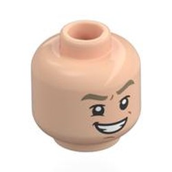 LEGO part 28621pr0199 Minifig Head Captain James T. Kirk, Dark Tan Eyebrows, Crooked Smile, Raised Eyebrow / Angry Grinn in Light Nougat
