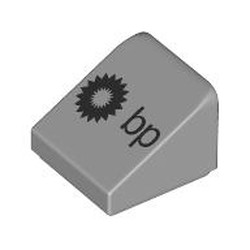 LEGO part 54200pr0012 Slope 30° 1 x 1 x 2/3 (Cheese Slope) with Black BP Logo print in Medium Stone Grey/ Light Bluish Gray