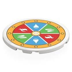 LEGO part 7212pr0009 Tile Round 6 x 6 with Selection Wheel, Water Drop on Blue, Grass On Green, Flame on Red, Bright Light Orange Border print in White