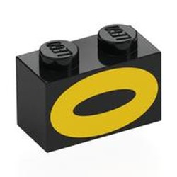 LEGO part 3004pr0043 Brick 1 x 2 with Yellow Oval print in Black