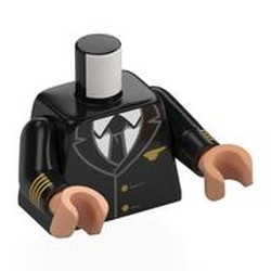 LEGO part 973c03h13pr0001 Torso, Pilot Uniform, Gold Insignias, White Shirt, Black Tie print, Black Arms, Nougat Hands in Black
