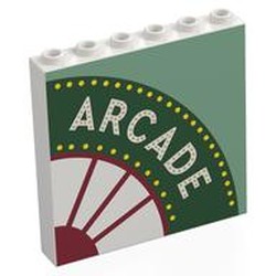 LEGO part 59349pr0030 Panel 1 x 6 x 5 with White 'ARCADE' on Dark Green Circle, White/Dark Red Window, Sand Green Background print in White