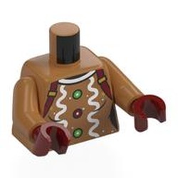 LEGO part 973c23h10pr0001 Torso, Medium Nougat Arms, Dark Red Hands with print in Medium Nougat