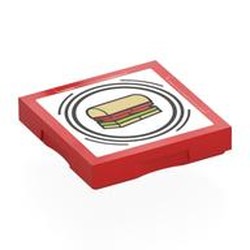 LEGO part 102349pr0034 Tile Special 2 x 2 with SMART Tag with Sandwich Print in Bright Red/ Red