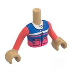 LEGO part 92456c06pr0006 Minidoll Torso Girl with Warm Tan Arms and Hands with Blue/Coral Jacket, Zipper, Pockets, White Collar print in Warm Tan
