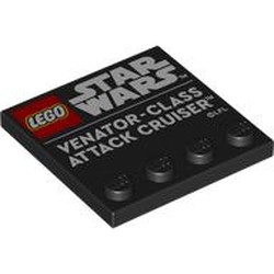 LEGO part 6179pr0042 Plate Special 4 x 4 with Studs on One Edge with 'LEGO STAR WARS', 'VENATOR-CLASS ATTACK CRUISER' print in Black
