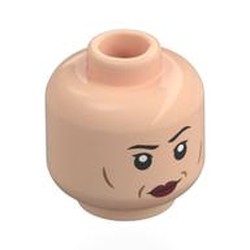 LEGO part 28621pr0077 Minifig Head Colonel Ward, Dark Brown Eyebrows, Dark Red Lips, Cheek Lines, Smirk / Annoyed in Light Nougat