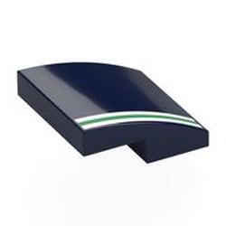 LEGO part 15068pr0119 Brick Curved 2 x 2 x 2/3 with White/Green/White Stripes print in Earth Blue/ Dark Blue