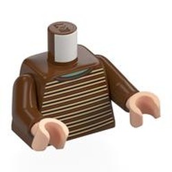 LEGO part 973c19h02pr6722 Torso Sweater, Tan and Dark Brown Stripes print, Reddish Brown Arms, Light Nougat Hands in Reddish Brown