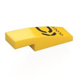 LEGO part 7302pr0003 Slope Curved 3 x 1 x 2/3 with Black Letter Fragments, 'OLOGY' print in Bright Yellow/ Yellow