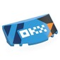 Windscreen, Curved 6 x 2 x 2 with Black, Orange, Dark Blue Shapes, White 'OKX' print