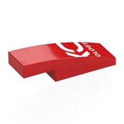 LEGO part 7302pr0002 Slope Curved 3 x 1 x 2/3 with White Letter Fragments, 'OLOGY' print in Bright Red/ Red