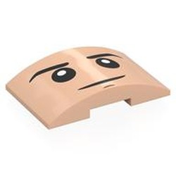 LEGO part 78522pr0017 Brick Curved 4 x 6 Double, 2 x 4 Cutout with Face, Black Eyebrows, Frown Print in Light Nougat