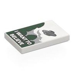 LEGO part 26603pr0080 Tile 2 x 3 with 'I WANT TO BELIEVE', Dark Green Trees, UFO print in White