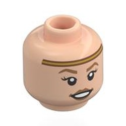LEGO part 28621pr0210 Minifig Head Edith Crawley, Gold Headband, Dark Orange Eyebrows, Peach Lips, Open Mouth Smile / Worried in Light Nougat
