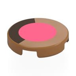 LEGO part 14769pr0050 Tile Round 2 x 2 with Coral Circle, Dark Brown Line (Eye) print in Medium Nougat
