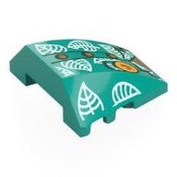 LEGO part 64225pr0026 Brick Wedged, Curved 4 x 3 No Studs with Shirt, Gold Buttons, Yellow Badge with Leave, White Leaves print in Bright Bluish Green/ Dark Turquoise