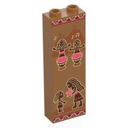 LEGO part 2454bpr0002 Brick 1 x 2 x 5 with Hollow Studs with Tribal Paintings, People, Drums print in Medium Nougat