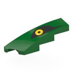 LEGO part 5415pr0003 Brick Wedged, Curved 1 x 4 with Stud Notch Left with Yellow Eye on Black Background print in Dark Green/ Green