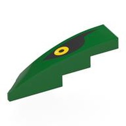 LEGO part 5414pr0003 Brick Wedged, Curved 1 x 4 with Stud Notch Right with Yellow Eye on Black Background print in Dark Green/ Green