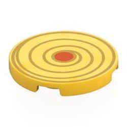 LEGO part 67095pr0049 Tile Round 3 x 3 with Gold Swirl, Reddish Orange Center print in Bright Yellow/ Yellow