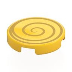 LEGO part 14769pr0052 Tile Round 2 x 2 with Gold Swirl print in Bright Yellow/ Yellow