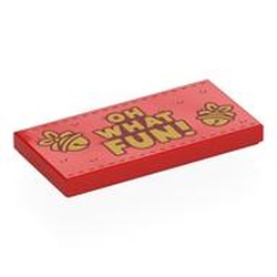 LEGO part 87079pr0258 Tile 2 x 4 with Gold 'OH WHAT FUN!', Bells Print in Bright Red/ Red