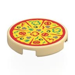 LEGO part 14769pr0037 Tile Round 2 x 2 with Red/Yellow Pizza print in Brick Yellow/ Tan