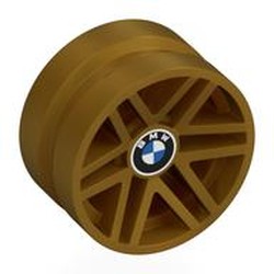 LEGO part 5808pr0001 Wheel, Sport 21 x 11, Double Spokes with BMW Logo print in Warm Gold/ Pearl Gold
