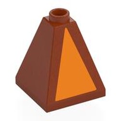 LEGO part 3688pr0002 Slope 75° 2 x 2 x 2 Quadruple Convex with Orange Triangle print in Dark Orange