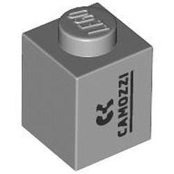 LEGO part 3005pr0043 Brick 1 x 1 with Black 'CAMOZZI' print in Medium Stone Grey/ Light Bluish Gray