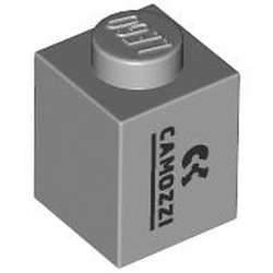 LEGO part 3005pr0042 Brick 1 x 1 with Black 'CAMOZZI' print in Medium Stone Grey/ Light Bluish Gray