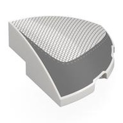 LEGO part 76797pr0008 Brick Round Corner, Curved 3 x 3 x 1 Quarter Circle with Dark Bluish Grey Mesh, Shape print in White