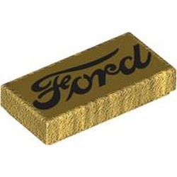 LEGO part 3069bpr0225 Tile 1 x 2 with Black 'Ford' print in Warm Gold/ Pearl Gold