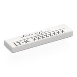 LEGO part 2431pr0072 Tile 1 x 4 with Black 'Sadairs Spear', Unique Code print print in White