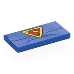 LEGO part 87079pr0255 Tile 2 x 4 with Chest, Yellow S on Yellow Triangle (Superman Logo) print in Bright Blue/ Blue