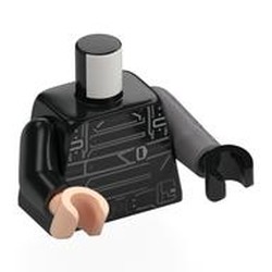 LEGO part 973d67pr0001 Torso, Odd Arms and Hands, Left Black Arm and Light Nougat Hand, Right Flat Silver Arm and Black Hand with print in Black