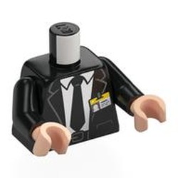 LEGO part 973c03h02pr0019 Torso Suit with Pockets, White Shirt with Collar, Black Tie and ID Badge Print, Black Arms, Light Nougat Hands in Black