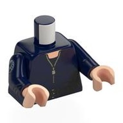 LEGO part 973c05h02pr0003 Torso Jumpsuit with Silver Zipper, Black Undershirt, and Black Utility Belt Print, Dark Blue Arm with SHIELD Logo Print Right, Dark Blue Arm Left, Light Nougat Hands in Earth Blue/ Dark Blue