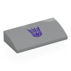 LEGO part 88930pr0052 Slope Brick Curved 2 x 4 x 2/3 No Studs, with Bottom Tubes with Dark Purple Megatron Symbol print in Medium Stone Grey/ Light Bluish Gray