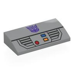 LEGO part 88930pr0053 Slope Brick Curved 2 x 4 x 2/3 No Studs, with Bottom Tubes with Dark Purple Megatron Symbol, Control Panel print in Medium Stone Grey/ Light Bluish Gray